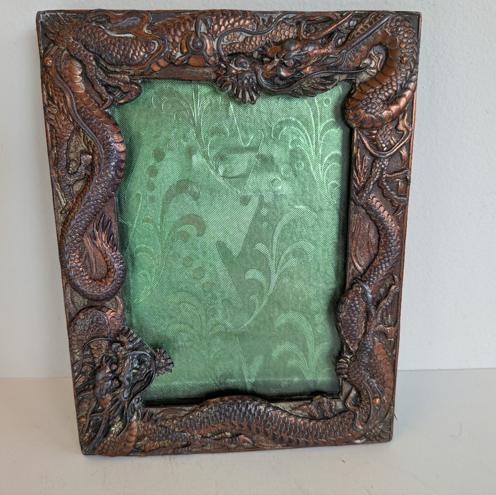 Antique Japanese copper wall hanging photo frame embossed serpent dragons